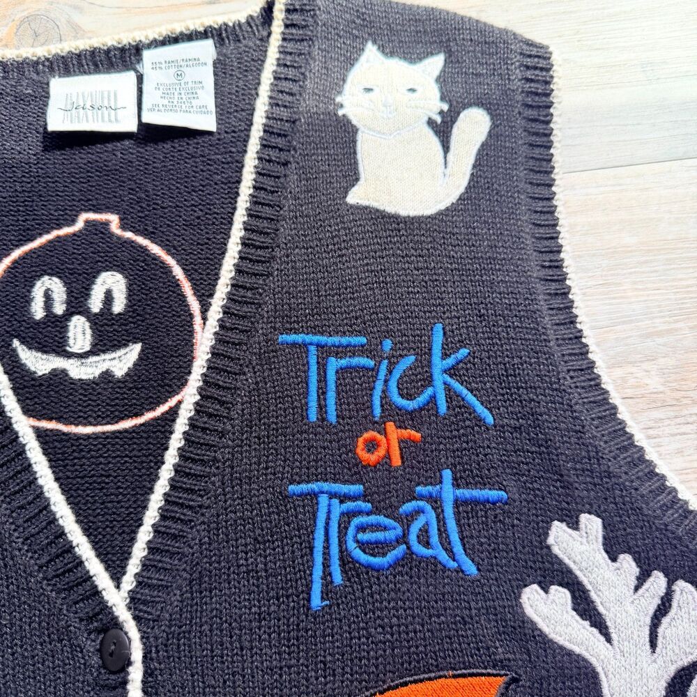 Vintage Halloween Sweater Vest Medium Cats Ghosts Haunted House Trick or Treat - Picture 10 of 10